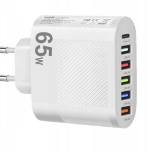 ŁADOWARKA SIECIOWA USB ADAPTER DO TELEFONU 6 PORTÓW 5x USB 1x C 65W BIAŁA