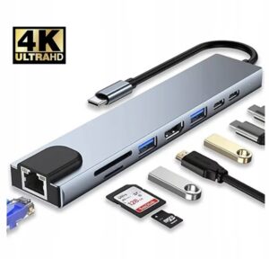 Adapter HUB 8w1 USB-C przejściówka USB 3.0 PD HDMI 4K SD LAN
