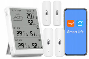 Stacja Pogodowa + 4 zewn. Sensory Temperatury i Wilgotności LCD WiFi Tuya