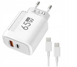 GaN 65W Ładowarka USB-C PD + USB QC 3.0 Szybkie Ładowanie Biała Kabel