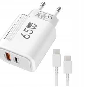 GaN 65W Ładowarka USB-C PD + USB QC 3.0 Szybkie Ładowanie Biała Kabel