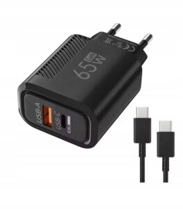 GaN 65W Ładowarka USB-C PD + USB QC 3.0 Szybkie Ładowanie Czarna Kabel