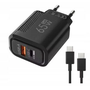 GaN 65W Ładowarka USB-C PD + USB QC 3.0 Szybkie Ładowanie Czarna Kabel